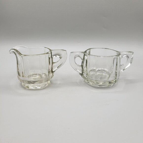 Pressed Glass Open Sugar and Creamer Set Vintage Wide Panels Heavy Thick Glass - Picture 1 of 9